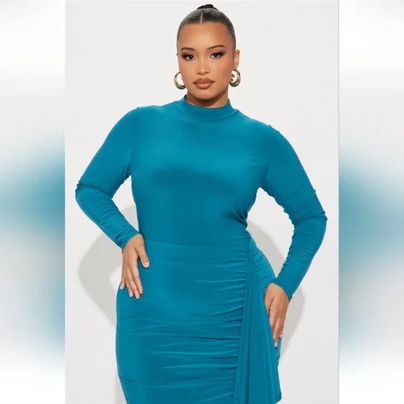 Fashion Nova Emerie Draped Midi Dress - Teal Size 1X (EUC) - Picture 3 of 11